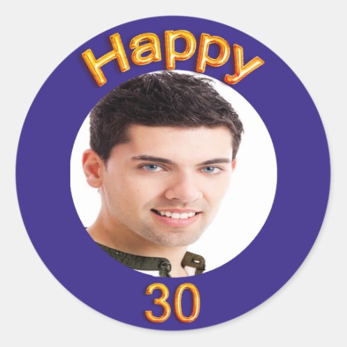 30th birthday party blue gold photo classic round sticker