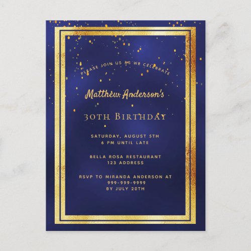30th birthday party blue gold shiny invitation postcard