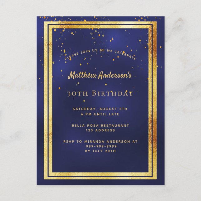 30th birthday party blue gold shiny invitation postcard (Front)