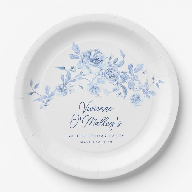 30th Birthday Party Blue Rose Floral Custom Paper Plates (Front)