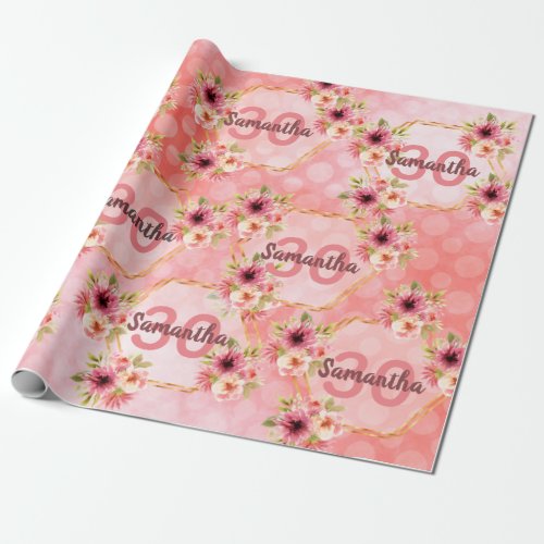 30th birthday party blush pink florals name wrapping paper