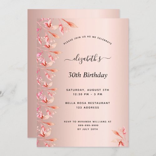30th birthday party blush rose gold floral invitation