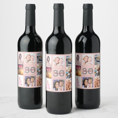 30th birthday party blush rose gold photo collage wine label