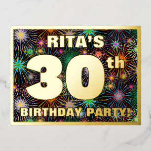 30th Birthday Party: Bold, Colorful Fireworks Look Foil Invitation Postcard