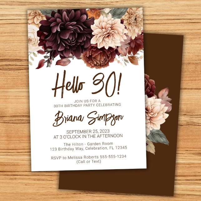 30th Birthday Party Brown Beige Flowers Invitation (Creator Uploaded)