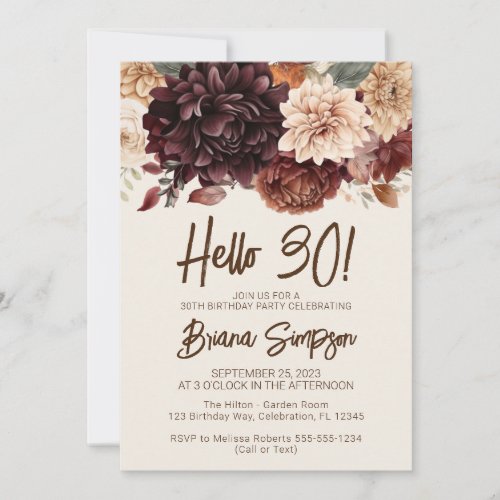 30th Birthday Party Brown Beige Ivory Flowers Invitation