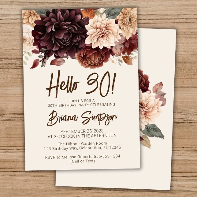 30th Birthday Party Brown Beige Ivory Flowers Invitation (Creator Uploaded)