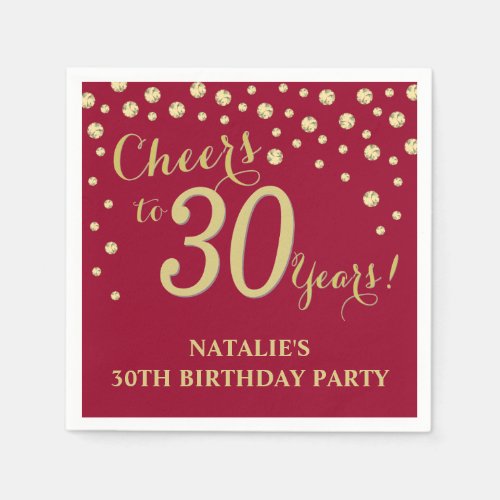 30th Birthday Party Burgundy Red and Gold Diamond Napkins