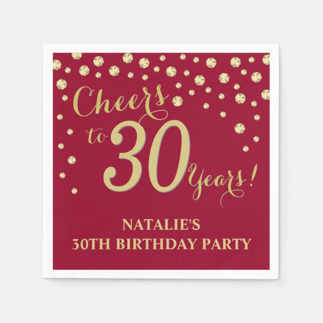 30th Birthday Party Burgundy Red and Gold Diamond Napkins (Front)
