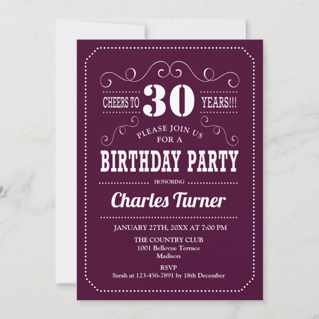 30th Birthday Party - Burgundy White Invitation (Front)