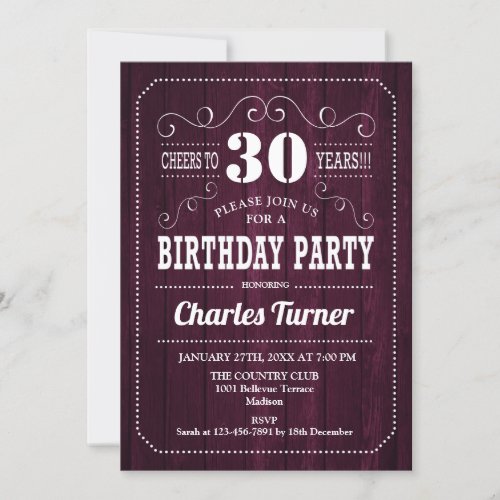 30th Birthday Party _ Burgundy Wood Pattern Invitation