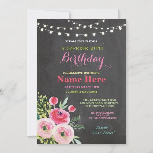 30th Birthday Party Chalkboard Floral Pink Invite