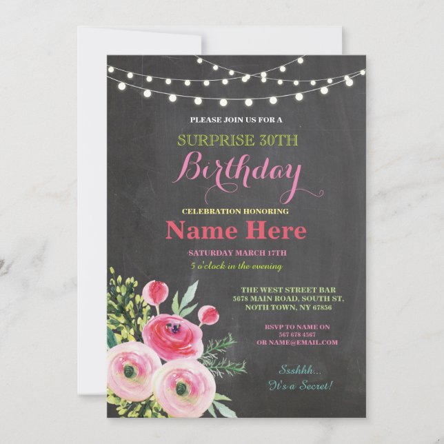 30th Birthday Party Chalkboard Floral Pink Invite (Front)
