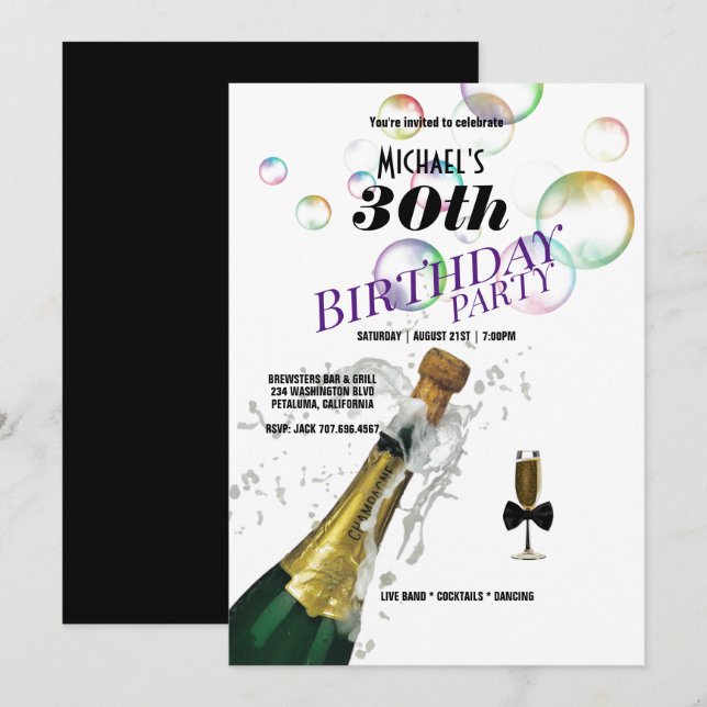 30th Birthday Party Champagne Bottle & Glass  Invitation (Front/Back)