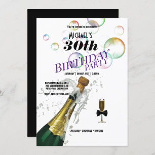 30th Birthday Party Champagne Bottle & Glass Invitation