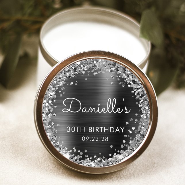 30th Birthday Party Charcoal Gray Silver Glitter Classic Round Sticker (Creator Uploaded)