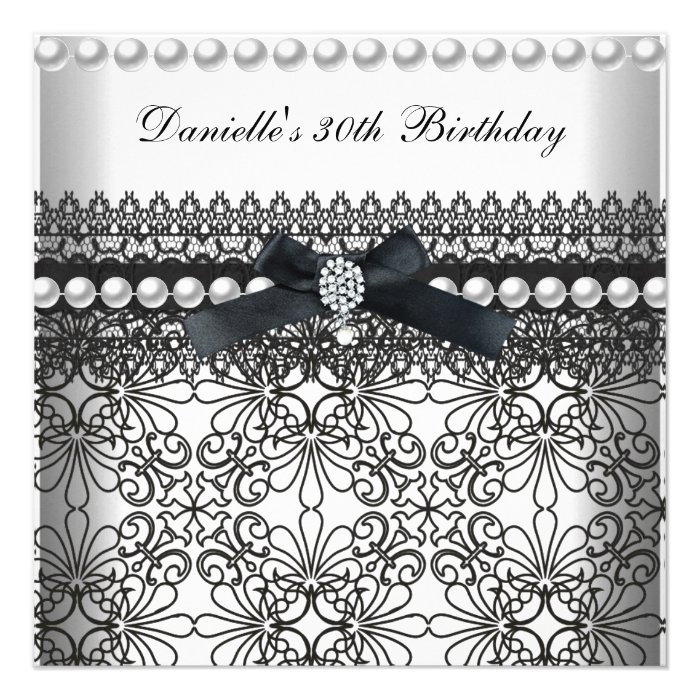 30th Birthday Party Damask Black White Pearl Custom Invitations