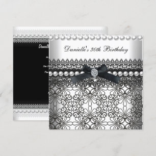 30th Birthday Party Damask Black White Pearl Invitation