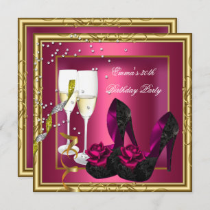 30th Birthday Party Dark Pink Gold Black Invitation