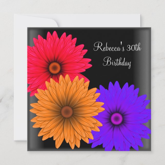 30th Birthday Party Elegant Black Colorful Flowers Invitation (Front)