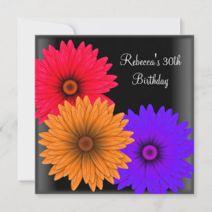 30th Birthday Party Elegant Black Colorful Flowers Invitation