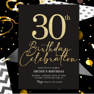 30th Birthday Party Elegant Black & Gold Glitter Invitation