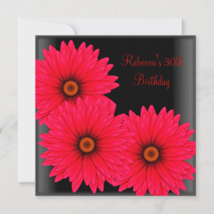 30th Birthday Party Elegant Black Red Flowers Invitation