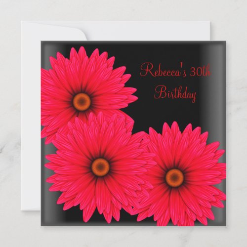 30th Birthday Party Elegant Black Red Flowers Personalized Invitation
