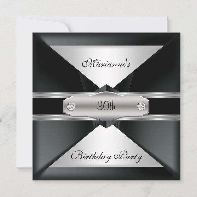 30th Birthday Party Elegant Black Silver On Silver Invitation (Front)