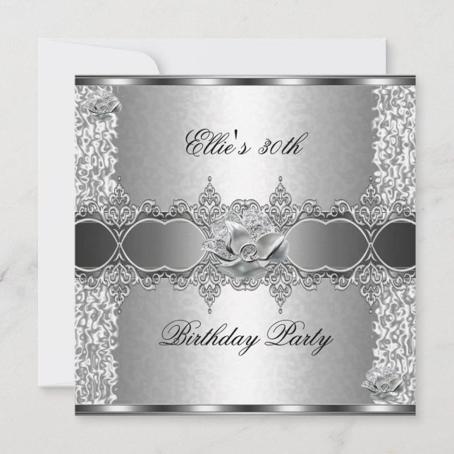 30th Birthday Party Elegant Silver Floral Jewel Invitation (Front)