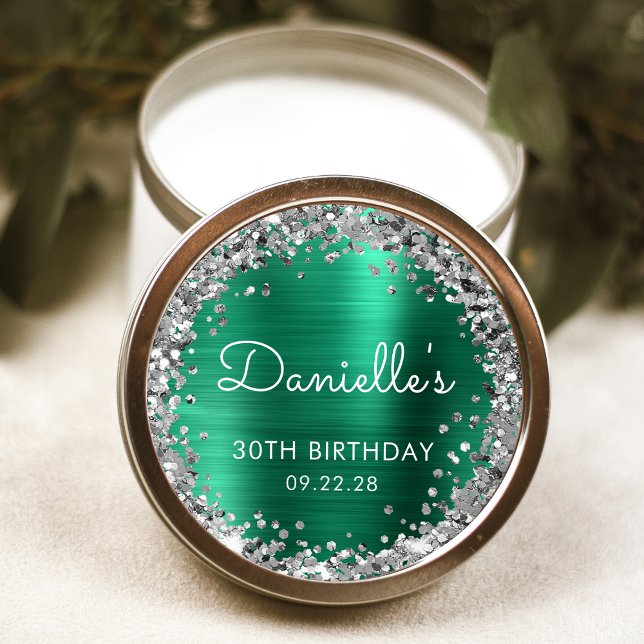 30th Birthday Party Emerald Green Silver Glitter Classic Round Sticker (Creator Uploaded)