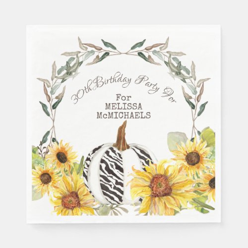30th Birthday Party Fall Pumpkin Sunflower Floral Napkins