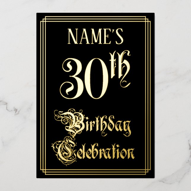 30th Birthday Party — Fancy Script & Custom Name Foil Invitation (Front)