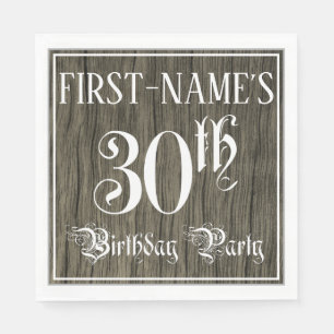 30th Birthday Party — Fancy Script, Faux Wood Look Napkins