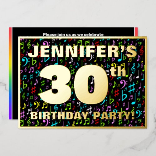 30th Birthday Party â Fun Colorful Music Symbols Foil Invitation