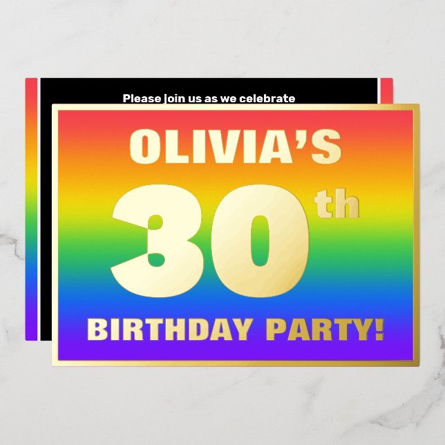 30th Birthday Party: Fun, Colorful Rainbow Pattern Foil Invitation (Front/Back)
