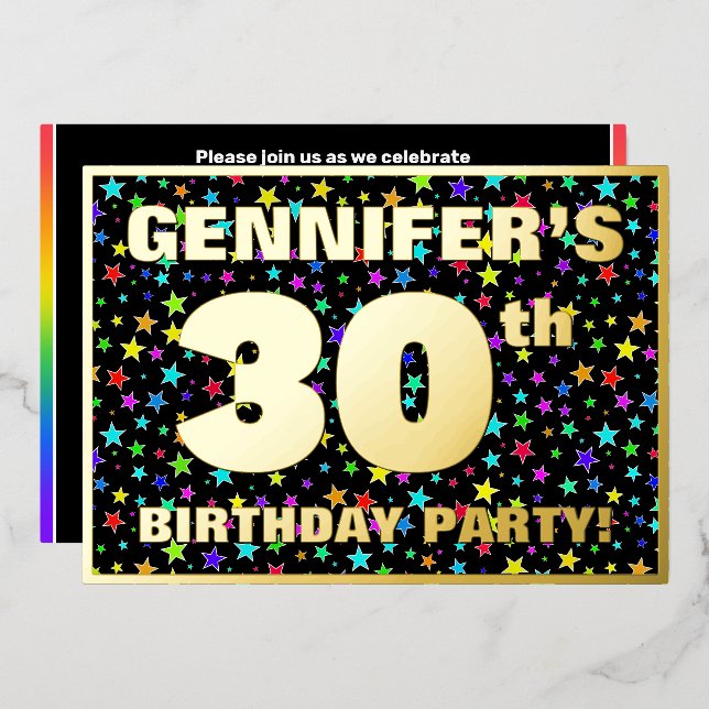 30th Birthday Party — Fun, Colorful Stars Pattern Foil Invitation (Front/Back)