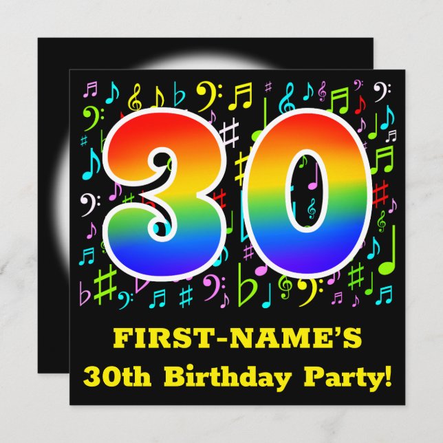 30th Birthday Party: Fun Music Symbols, Rainbow 30 Invitation (Front/Back)