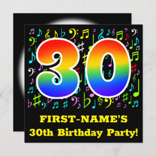 30th Birthday Party: Fun Music Symbols, Rainbow 30 Invitation