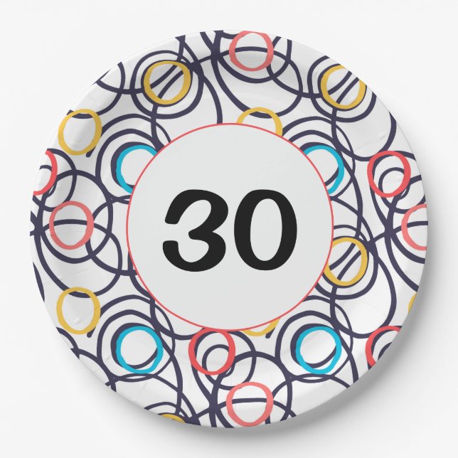 30th Birthday Party Funky Doodles Paper Plates (Front)