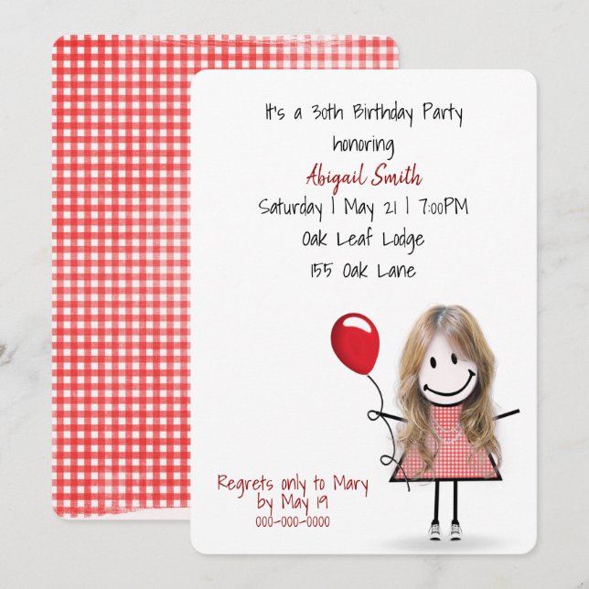 30th Birthday Party Girl with Red Balloon   Invitation (Front/Back)