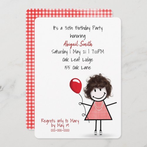 30th Birthday Party Girl with Red Balloon   Invitation