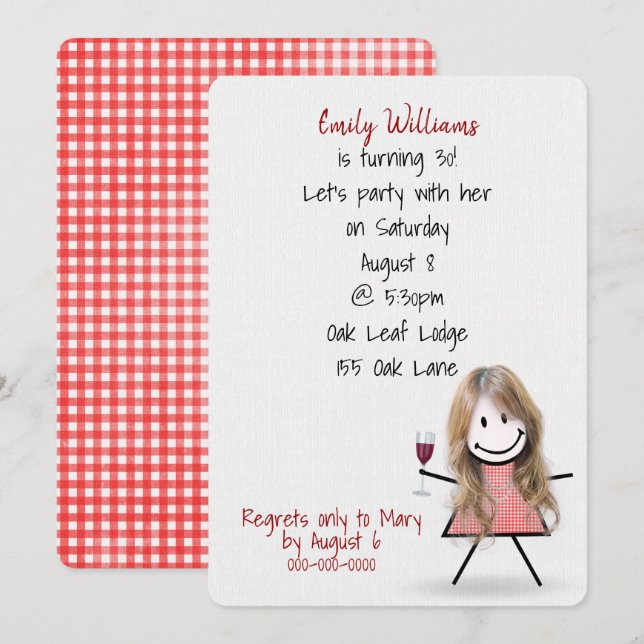 30th Birthday Party Girl with Wine Invitation (Front/Back)
