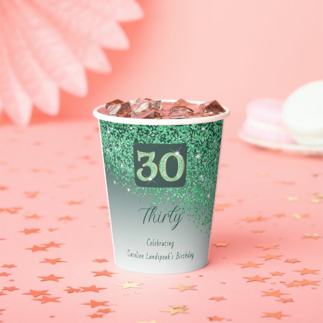 30th Birthday Party Gleaming Green Glitter Paper Cups (Insitu)