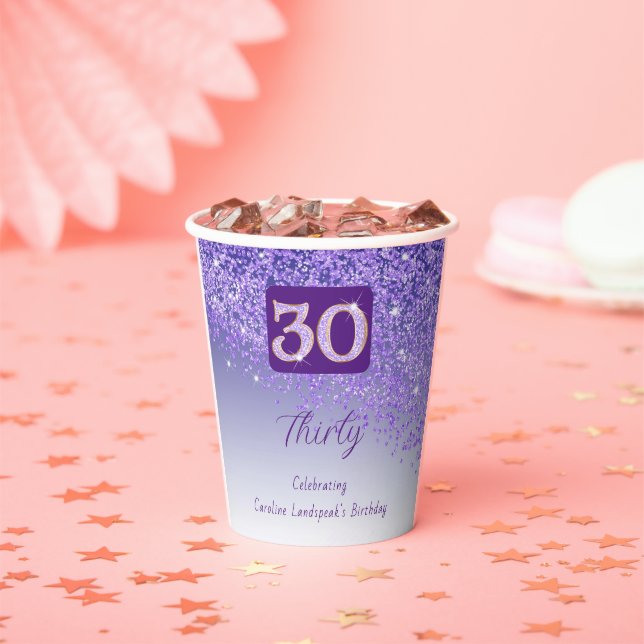 30th Birthday Party Gleaming Purple Glitter Paper Cups (Insitu)