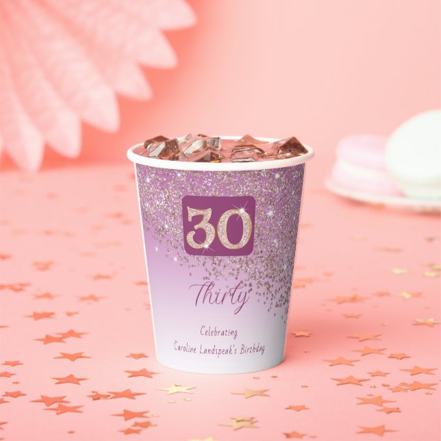 30th Birthday Party Gleaming Rose Gold Glitter Paper Cups (Insitu)