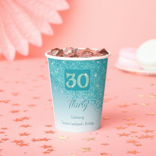 30th Birthday Party Gleaming Teal Blue Glitter Paper Cups (Insitu)