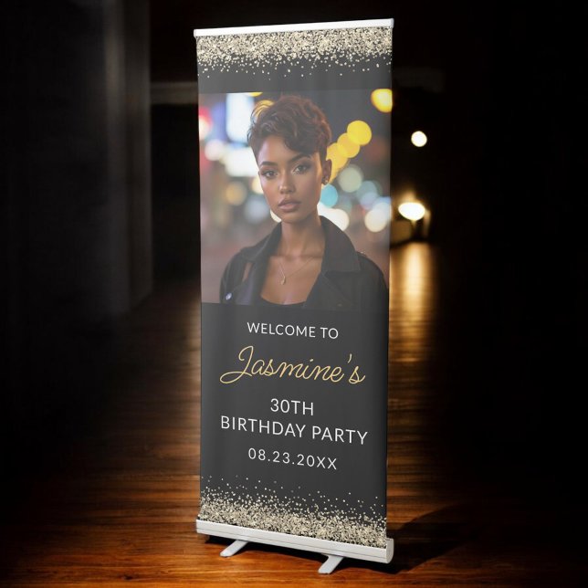 30th Birthday Party Gold Black Glitter Photo Retractable Banner (Creator Uploaded)