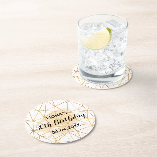 30th birthday party gold geometric white monogram round paper coaster