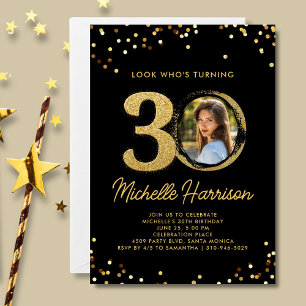 30th Birthday Party Gold Glitter Confetti Photo Invitation